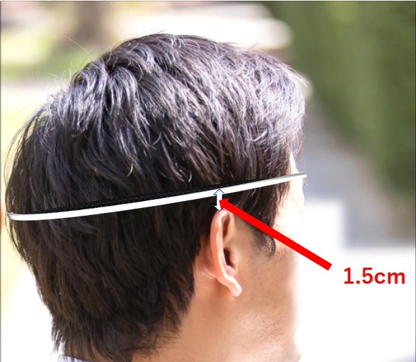 帽子サイズを知るために、男性の頭部にメジャーを当てて測っているイメージ